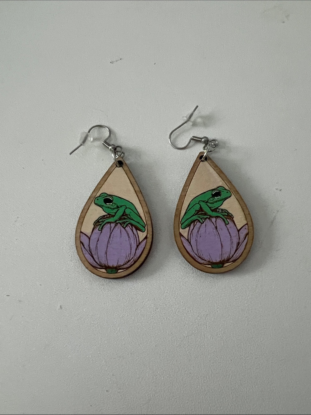 Green Frog on Purple Flower Teardrop Wood Earrings